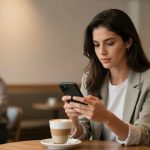 A woman in a gray blazer sits at a café table, looking at her smartphone. A latte is in front of her. The background shows blurred figures and hanging lights.