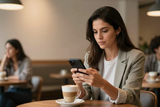 A woman in a gray blazer sits at a café table, looking at her smartphone. A latte is in front of her. The background shows blurred figures and hanging lights.