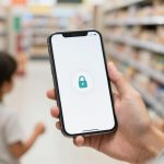 A hand holding a smartphone with a lock icon on the screen, indicating security. A child is visible in the background in a store aisle.