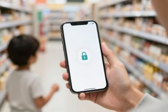 A hand holding a smartphone with a lock icon on the screen, indicating security. A child is visible in the background in a store aisle.