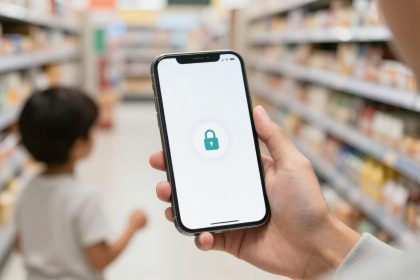 A hand holding a smartphone with a lock icon on the screen, indicating security. A child is visible in the background in a store aisle.