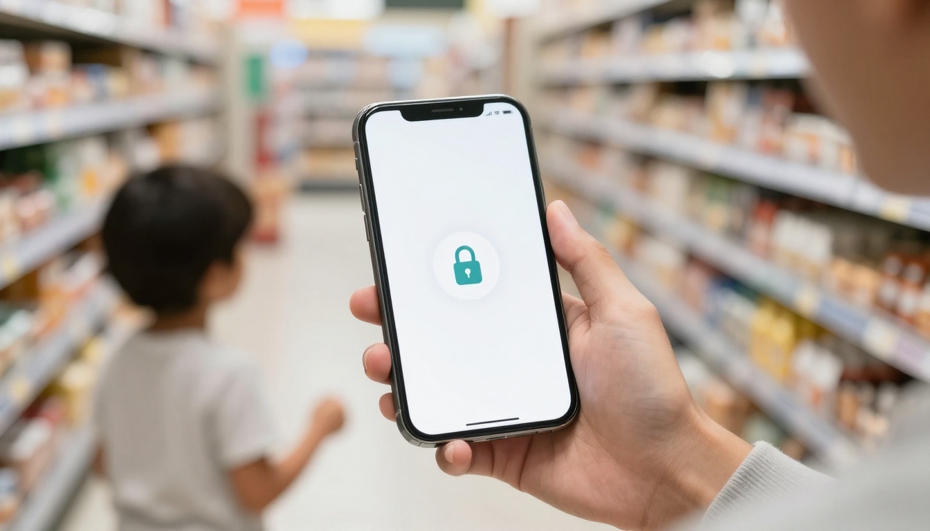 A hand holding a smartphone with a lock icon on the screen, indicating security. A child is visible in the background in a store aisle.