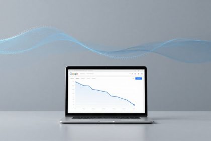 A laptop displaying a Google search trends graph with a downward trend. The background is gray with blue wave patterns.