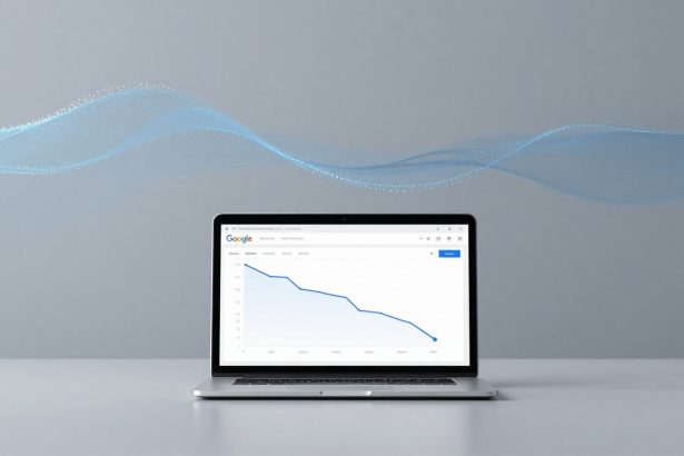 A laptop displaying a Google search trends graph with a downward trend. The background is gray with blue wave patterns.