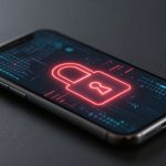 Smartphone on a dark surface displaying a digital lock icon in red on its screen, surrounded by binary code and digital patterns.
