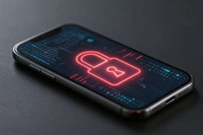 Smartphone on a dark surface displaying a digital lock icon in red on its screen, surrounded by binary code and digital patterns.