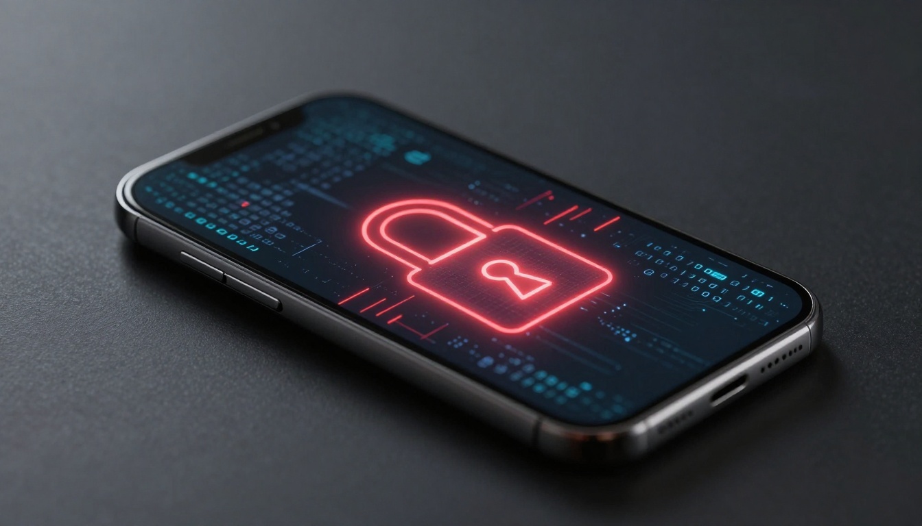Smartphone on a dark surface displaying a digital lock icon in red on its screen, surrounded by binary code and digital patterns.