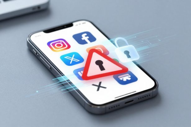 Smartphone displaying social media app icons with a red warning triangle and lock symbol overlay, suggesting security concerns.