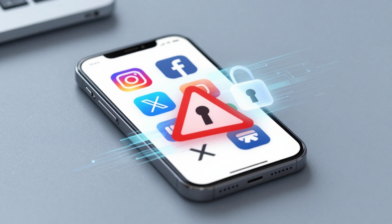 Smartphone displaying social media app icons with a red warning triangle and lock symbol overlay, suggesting security concerns.