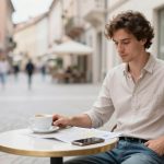 A man with curly hair sits at an outdoor café table in a cobblestone street, wearing a beige shirt. He holds a cup of coffee and looks at a map. A smartphone is placed on the table. Blurred background shows people walking and buildings.