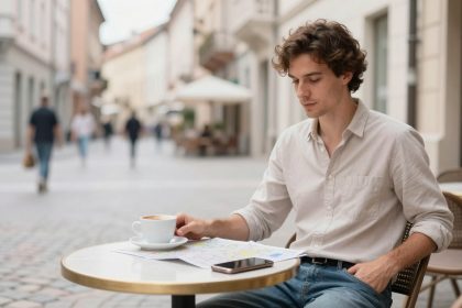A man with curly hair sits at an outdoor café table in a cobblestone street, wearing a beige shirt. He holds a cup of coffee and looks at a map. A smartphone is placed on the table. Blurred background shows people walking and buildings.