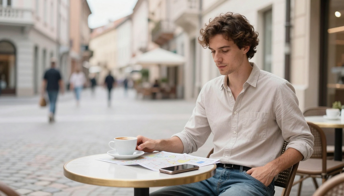 A man with curly hair sits at an outdoor café table in a cobblestone street, wearing a beige shirt. He holds a cup of coffee and looks at a map. A smartphone is placed on the table. Blurred background shows people walking and buildings.