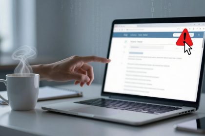 A hand points at a laptop screen showing a webpage with a red alert icon. A steaming cup is on the desk beside a notebook.