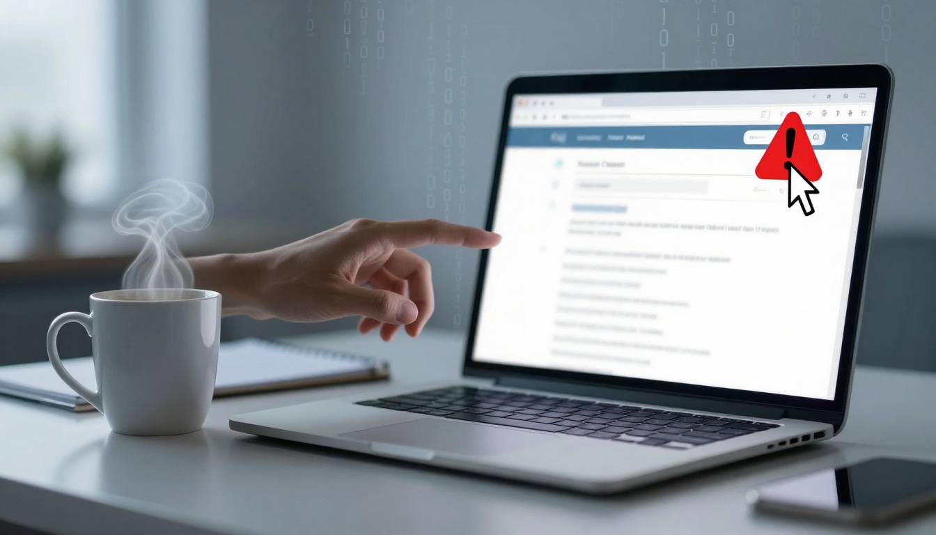 A hand points at a laptop screen showing a webpage with a red alert icon. A steaming cup is on the desk beside a notebook.