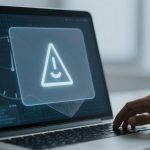 A person types on a laptop displaying a holographic warning symbol with a smiley face inside a triangle. The screen shows binary code.