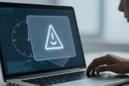 A person types on a laptop displaying a holographic warning symbol with a smiley face inside a triangle. The screen shows binary code.