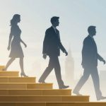 Silhouettes of three people in business attire walking down golden steps against a cityscape with a clock tower and piggy bank icon.