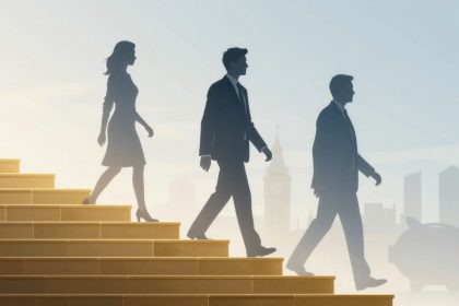 Silhouettes of three people in business attire walking down golden steps against a cityscape with a clock tower and piggy bank icon.