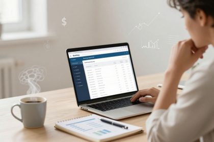 A person sits at a desk using a laptop displaying a banking website. A steaming coffee mug and a notebook with a pen are on the desk. Financial icons are overlaid in the background.