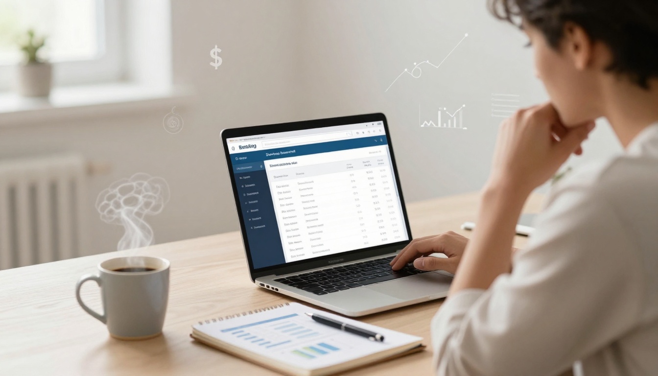 A person sits at a desk using a laptop displaying a banking website. A steaming coffee mug and a notebook with a pen are on the desk. Financial icons are overlaid in the background.