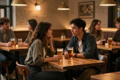 A group of young adults sit at wooden tables in a cozy pub. Two people in the foreground are engaged in conversation, each holding a pint of beer. Others in the background are also chatting with drinks. Warm lighting and brick walls create a relaxed atmosphere.