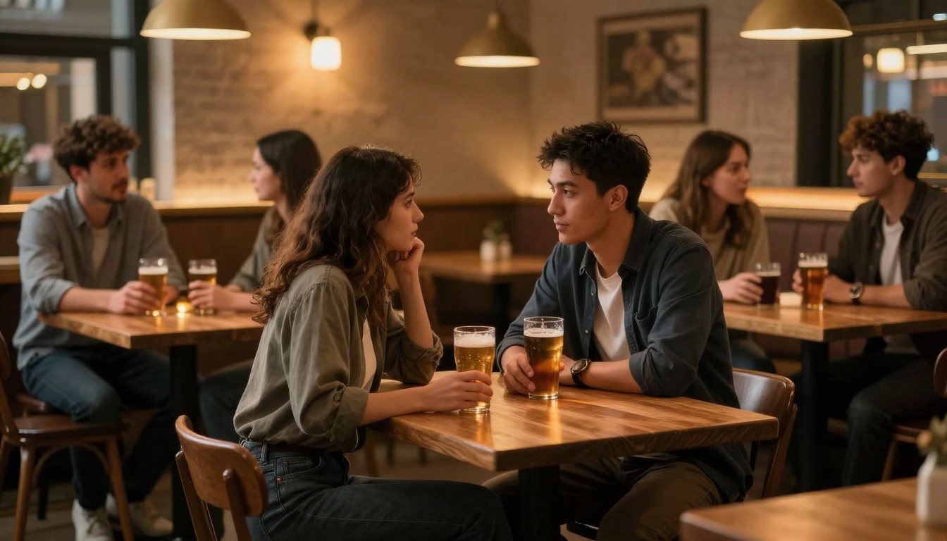 A group of young adults sit at wooden tables in a cozy pub. Two people in the foreground are engaged in conversation, each holding a pint of beer. Others in the background are also chatting with drinks. Warm lighting and brick walls create a relaxed atmosphere.