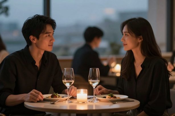 A couple sits at a candlelit restaurant table, facing each other. They have plates of food and glasses of wine. The setting is intimate, with soft lighting and blurred background diners.