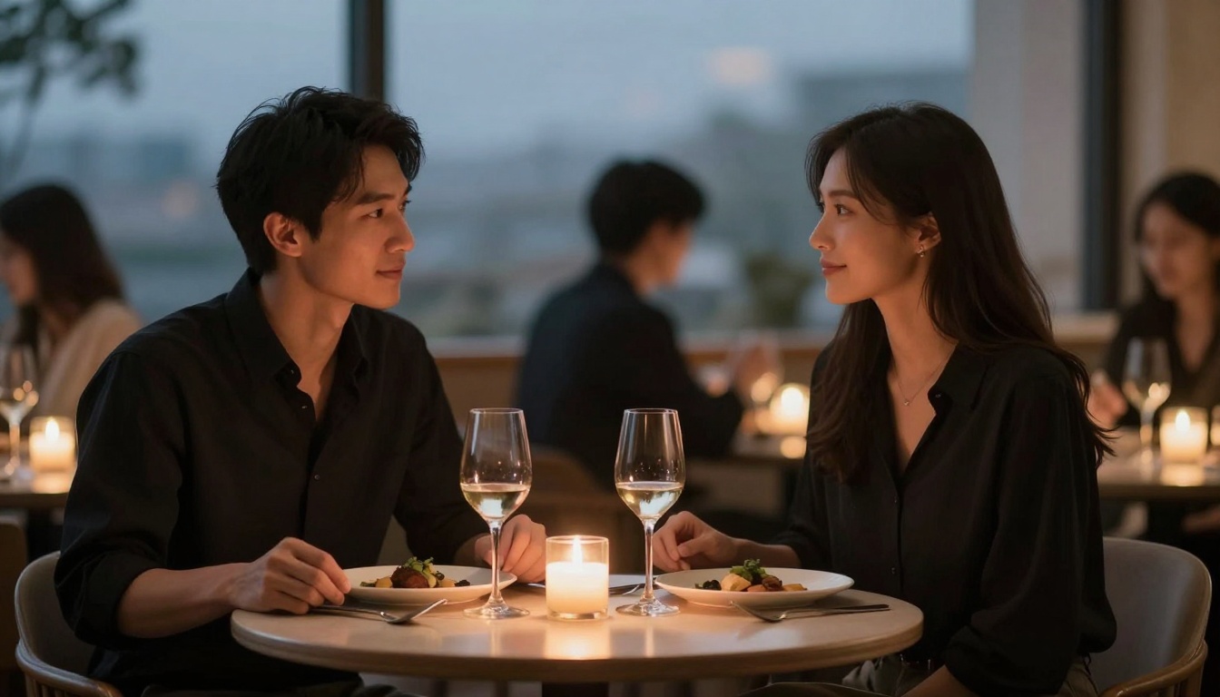 A couple sits at a candlelit restaurant table, facing each other. They have plates of food and glasses of wine. The setting is intimate, with soft lighting and blurred background diners.