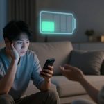A man sits on a sofa in a dimly lit room, looking at a smartphone with a concerned expression. A low battery icon hovers above him. A woman sits nearby, gesturing with her hand.