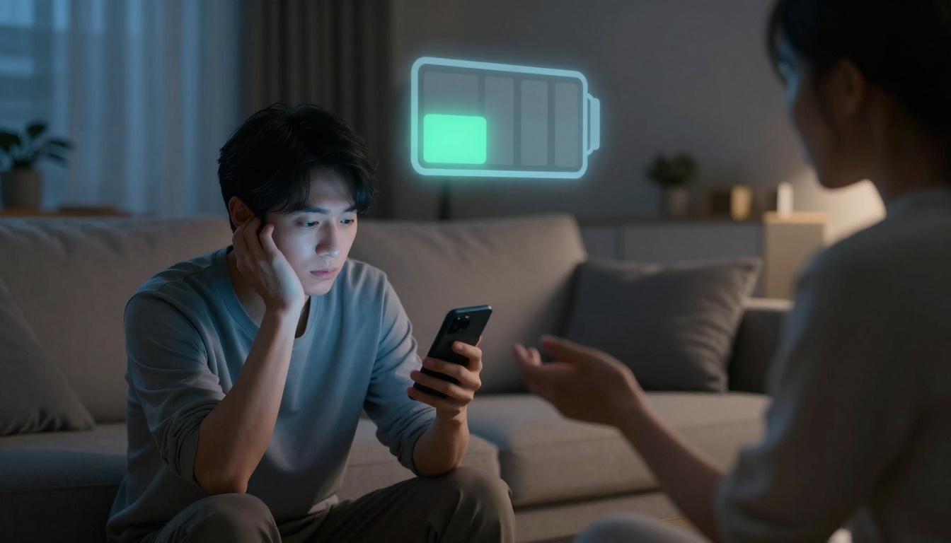 A man sits on a sofa in a dimly lit room, looking at a smartphone with a concerned expression. A low battery icon hovers above him. A woman sits nearby, gesturing with her hand.