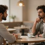 Two men sit at a cafe table with steaming coffee cups, engaged in conversation. One wears a white shirt, the other a green shirt.