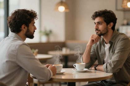Two men sit at a cafe table with steaming coffee cups, engaged in conversation. One wears a white shirt, the other a green shirt.