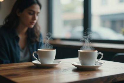 A woman sits at a wooden table with two steaming cups of coffee in white mugs. The scene is indoors with large windows in the background.