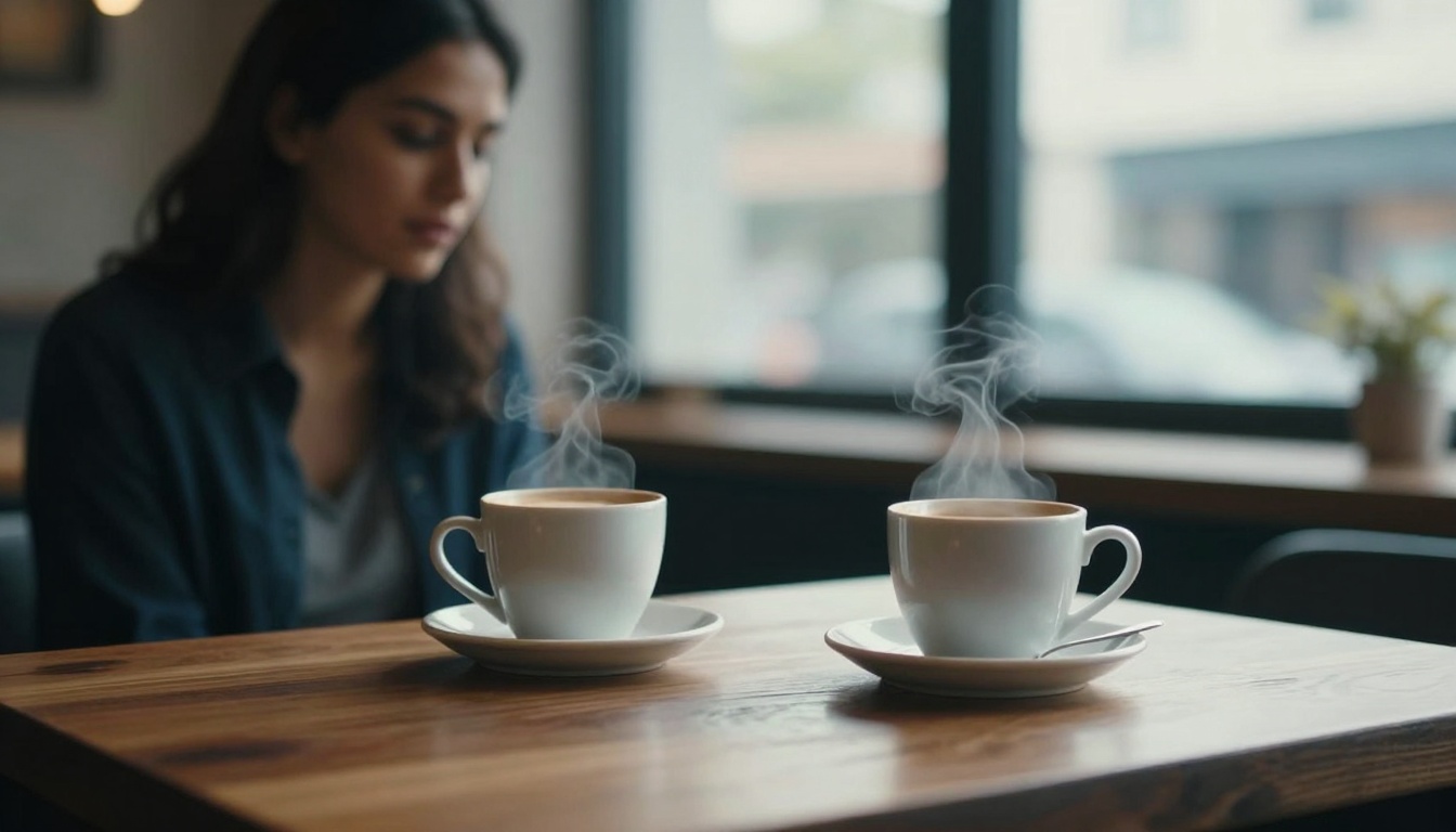A woman sits at a wooden table with two steaming cups of coffee in white mugs. The scene is indoors with large windows in the background.