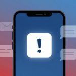 A smartphone screen displays a large exclamation mark icon. Surrounding the phone are icons of an envelope and chat bubbles, set against a gradient blue to red background.