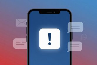 A smartphone screen displays a large exclamation mark icon. Surrounding the phone are icons of an envelope and chat bubbles, set against a gradient blue to red background.