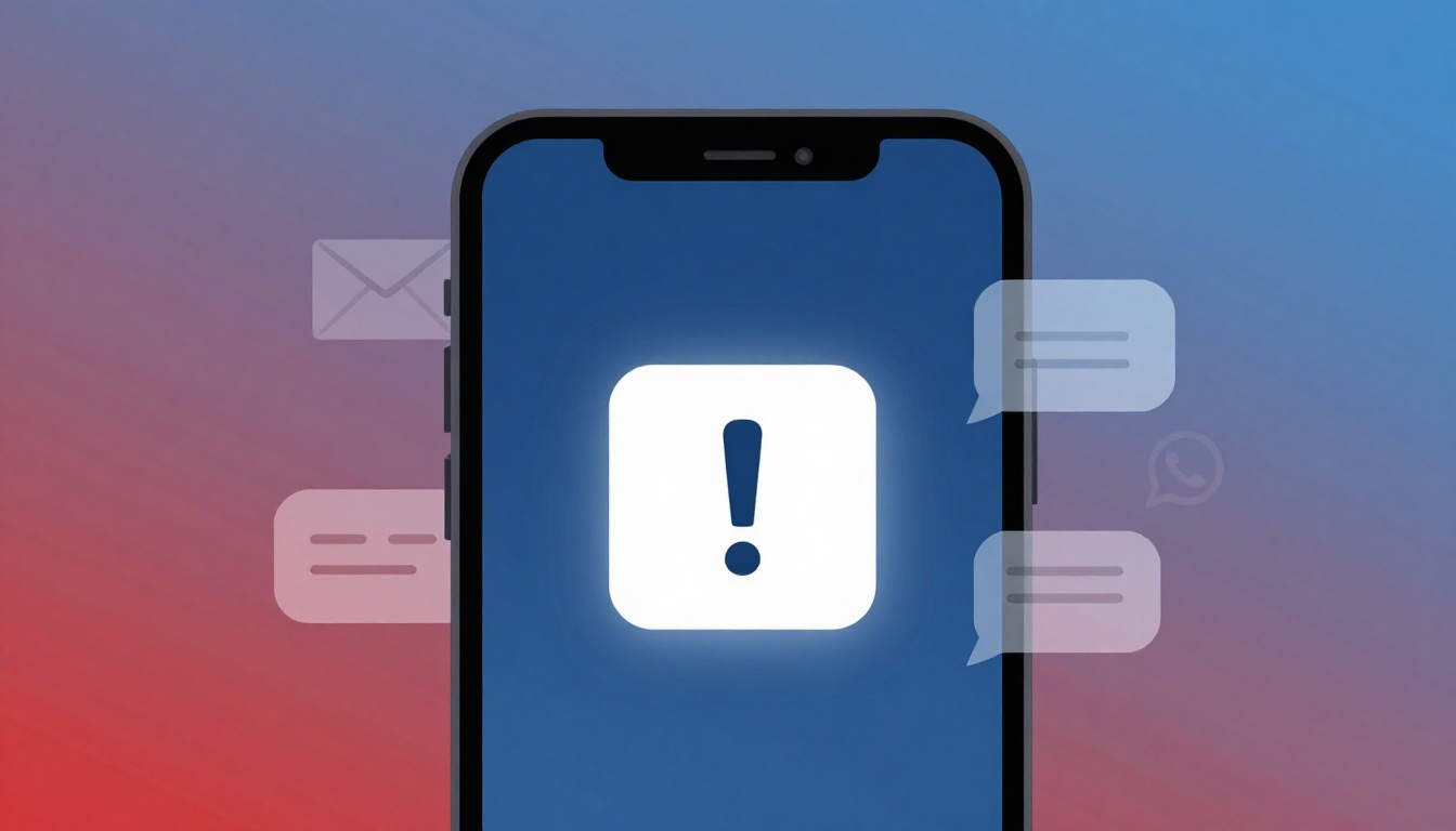 A smartphone screen displays a large exclamation mark icon. Surrounding the phone are icons of an envelope and chat bubbles, set against a gradient blue to red background.
