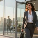 A woman in a gray suit and white shirt walks confidently out of a glass office building, holding a black handbag. The sun sets in the background, casting a warm glow.