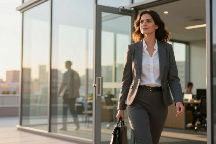 A woman in a gray suit and white shirt walks confidently out of a glass office building, holding a black handbag. The sun sets in the background, casting a warm glow.