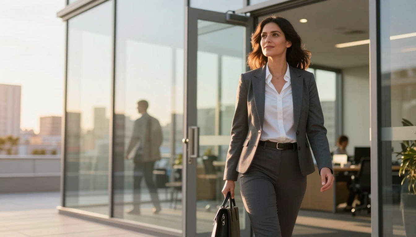 A woman in a gray suit and white shirt walks confidently out of a glass office building, holding a black handbag. The sun sets in the background, casting a warm glow.
