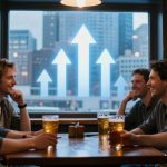 Four men smiling and chatting over pints of beer at a wooden table in a dimly lit pub. A large window shows an urban skyline with upward-pointing arrows, suggesting growth or success.