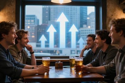 Four men smiling and chatting over pints of beer at a wooden table in a dimly lit pub. A large window shows an urban skyline with upward-pointing arrows, suggesting growth or success.