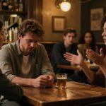 Three people sit at a wooden table in a dimly lit bar. A woman with curly hair gestures while speaking to a man, who looks down at his hands. A glass of beer is on the table. Another woman listens attentively. Bottles line the shelves behind them.