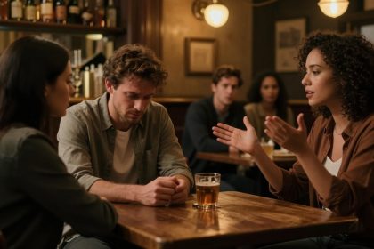 Three people sit at a wooden table in a dimly lit bar. A woman with curly hair gestures while speaking to a man, who looks down at his hands. A glass of beer is on the table. Another woman listens attentively. Bottles line the shelves behind them.