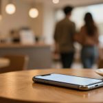 A smartphone lies on a wooden table next to a white coffee cup in a cafe. In the blurred background, two people walk away.