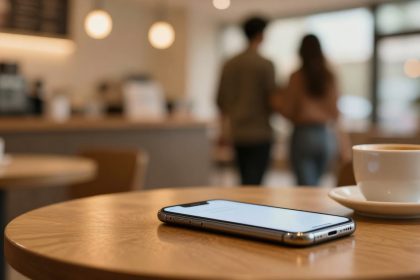 A smartphone lies on a wooden table next to a white coffee cup in a cafe. In the blurred background, two people walk away.