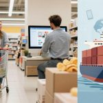A woman and child push a shopping cart filled with groceries down a supermarket aisle. A man sits at a desk using a computer. Next to this, an illustration shows a cargo ship with containers against a backdrop of a globe and floating smartphones.