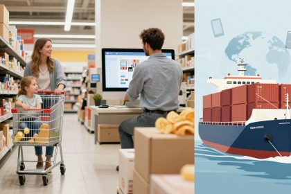 A woman and child push a shopping cart filled with groceries down a supermarket aisle. A man sits at a desk using a computer. Next to this, an illustration shows a cargo ship with containers against a backdrop of a globe and floating smartphones.