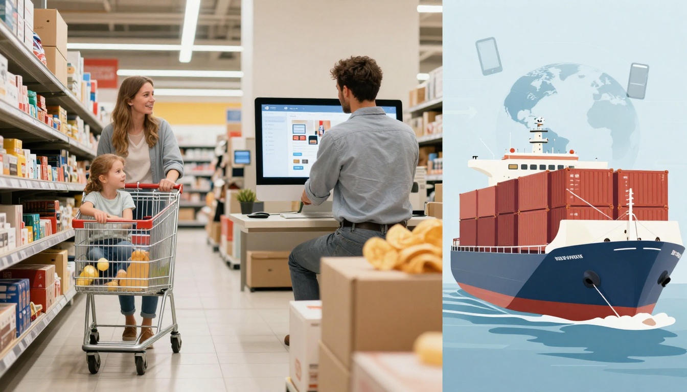 A woman and child push a shopping cart filled with groceries down a supermarket aisle. A man sits at a desk using a computer. Next to this, an illustration shows a cargo ship with containers against a backdrop of a globe and floating smartphones.