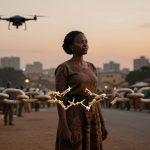 A woman in a patterned dress stands in the street at dusk, with a large chain and padlock in front. A drone hovers above her, and people are gathered in the background. City buildings are visible in the distance.